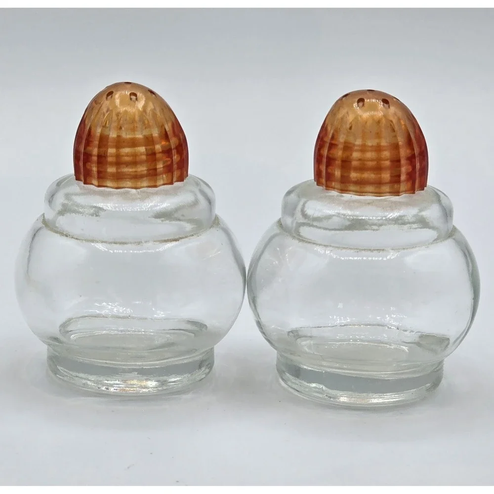 Vintage 1950s Midcentury Table Salt & Pepper Shakers Clear Glass, Red Orange Top
